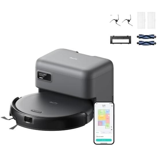eufy Robot Vacuum C10 with Self Emptying, 8 Weeks Hands Free, Smart Mapping with LiDAR Navigation, 2.85-Inch Slim Design, Powerful Suction, Edge Expansion Brush for Pet Hair +Replacement Accessories