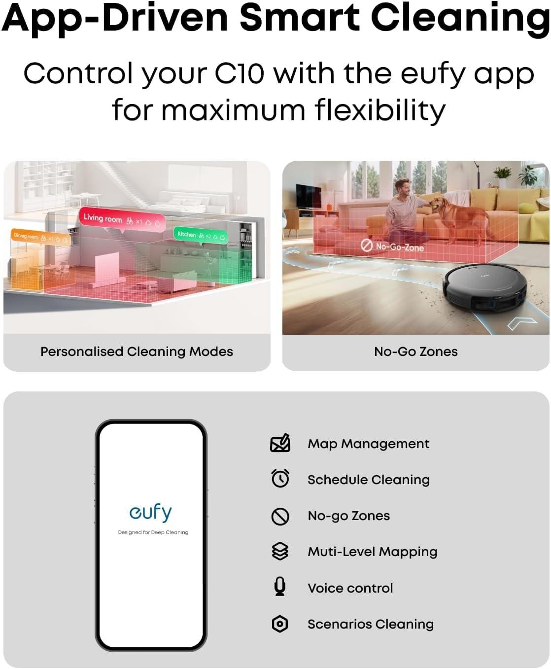 eufy Robot Vacuum C10 with Self Emptying, 8 Weeks Hands Free, Smart Mapping with LiDAR Navigation, 2.85-Inch Slim Design, Powerful Suction, Edge Expansion Brush for Pet Hair +Replacement Accessories