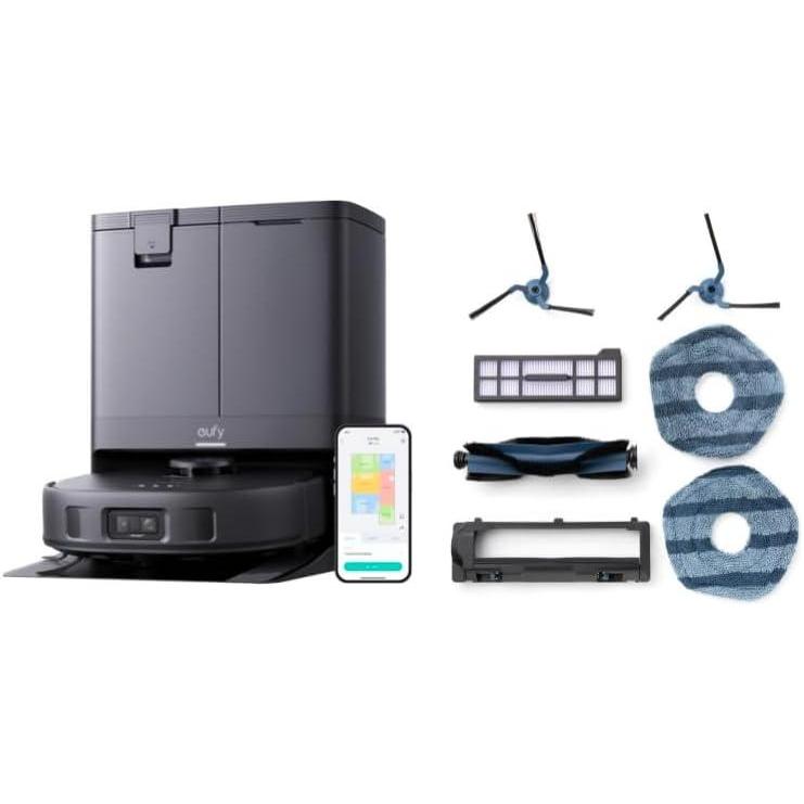 eufy X10 Pro Omni Robot Vacuum and Mop Combo, 8,000 Pa Suction + Official Replacement Parts Kit, Roller Brush with Bristles and Rubber, Brush Guard, 2 Side Brushes, Washable Filter, and 2 Mop Cloths(01-X10 and Replacement Parts Kit)