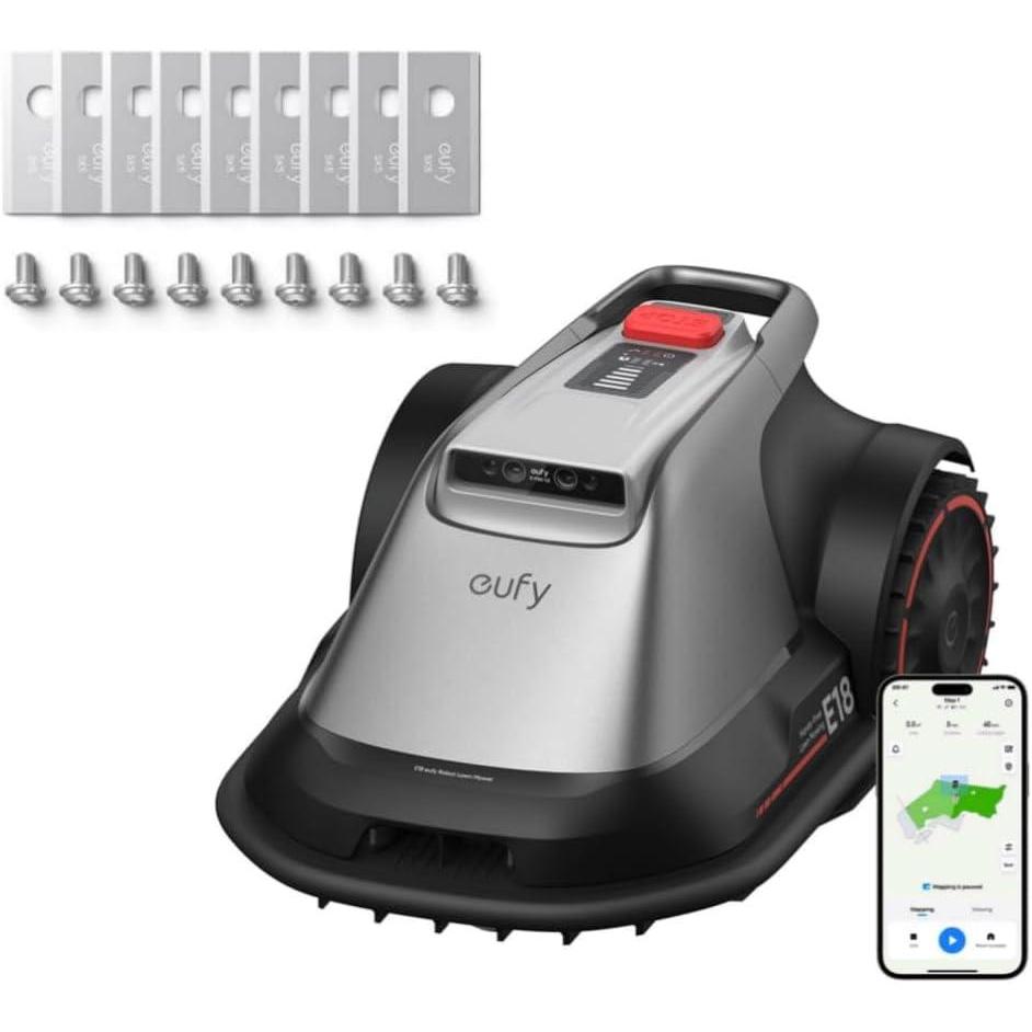 eufy E18 Robot Lawn Mower,Max 0.3 Acres,Wireless Robot Mower with Auto Mapping,Vision Navigation,Multi-Zone Management + Official Accessories: Replacement Blades Box with 3*(9 Lawn Mower Blades and 9