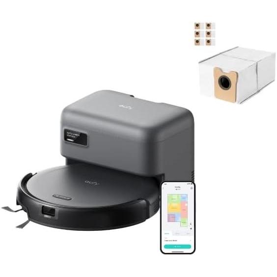 eufy Robot Vacuum C10 with Self Emptying, 8 Weeks Hands Free, Advanced Smart Mapping with LiDAR Navigation, 2.85-Inch Slim Design, Powerful Suction, Edge Expansion Brush for Pet Hair +6 Pack Dust Bag