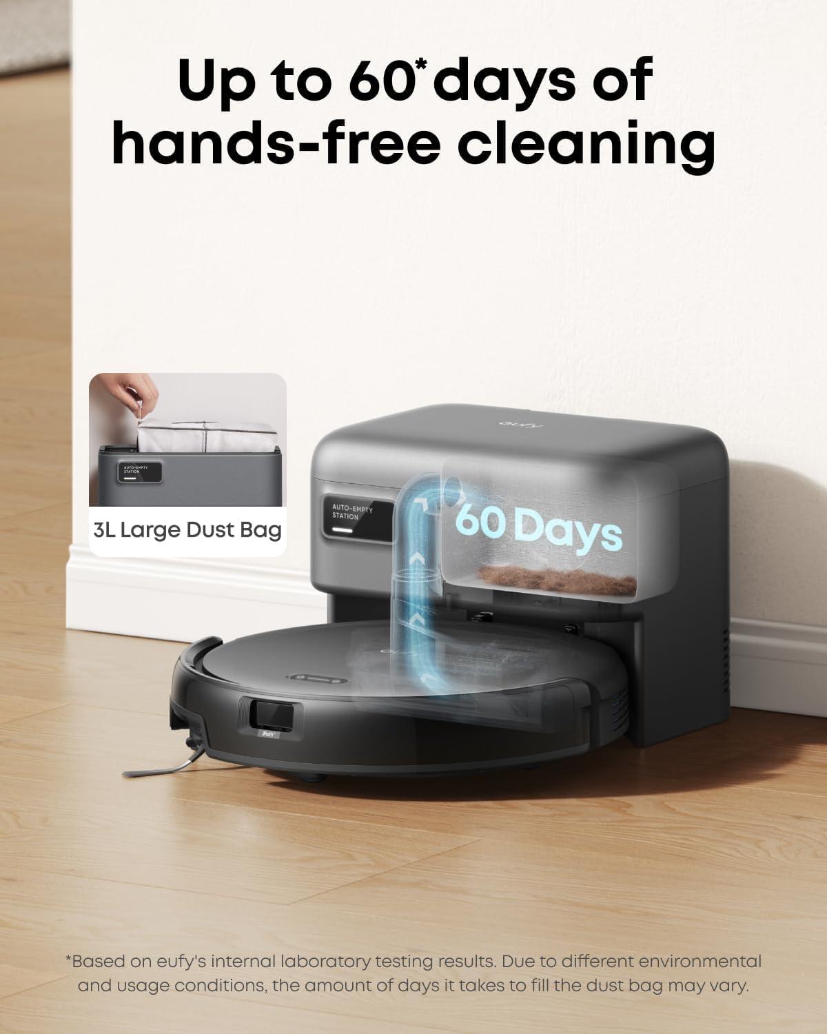 eufy Robot Vacuum C10 with Self Emptying, 8 Weeks Hands Free, Advanced Smart Mapping with LiDAR Navigation, 2.85-Inch Slim Design, Powerful Suction, Edge Expansion Brush for Pet Hair +6 Pack Dust Bag