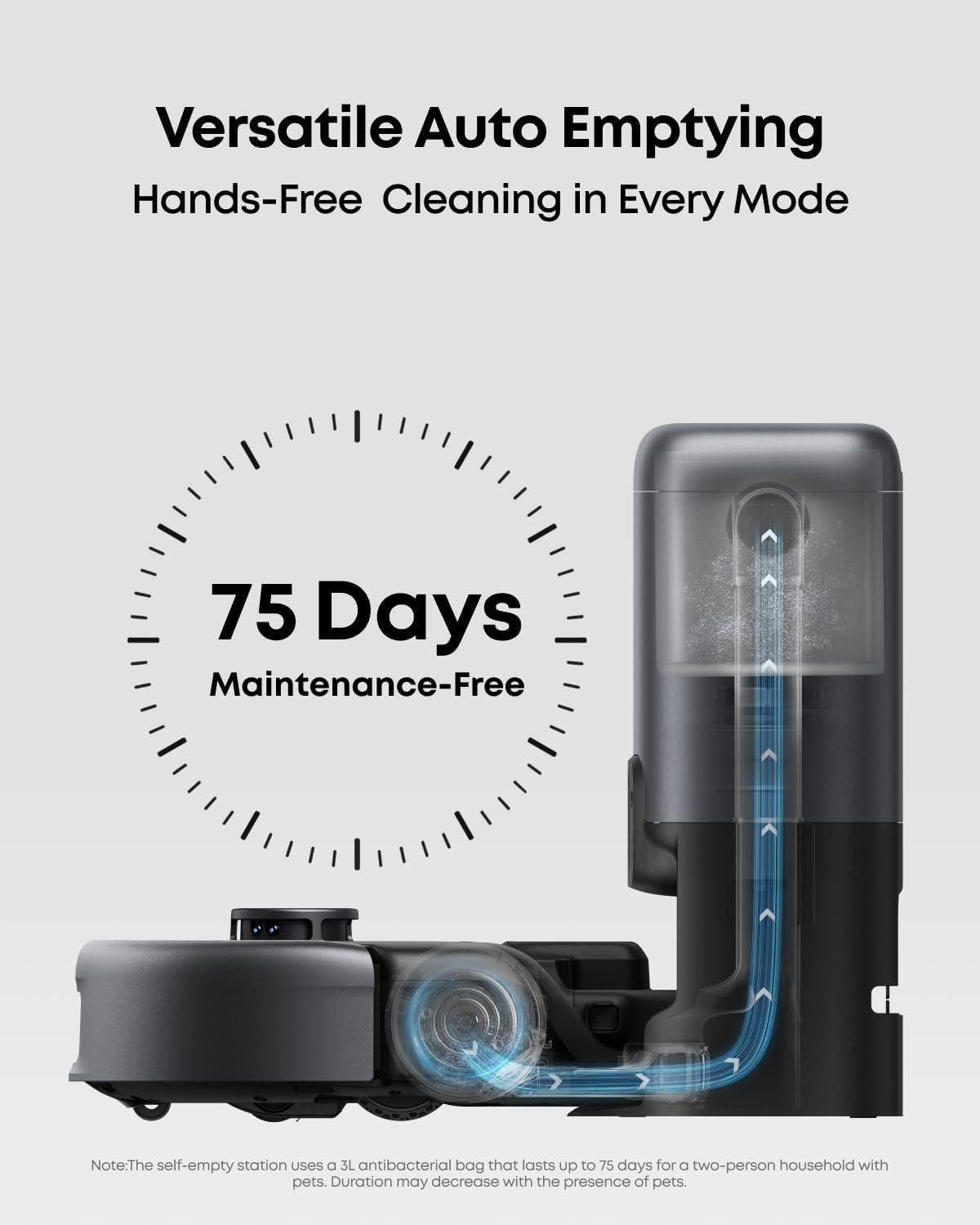 eufy Robot Vacuum 3-in-1 E20, with Versatile Stick and Handheld Vacuum Cleaner Combo,Self Emptying Up to 75 Days, Max 30,000Pa, Smart Obstacle Avoidance + Official Official 3X Dust Bags
