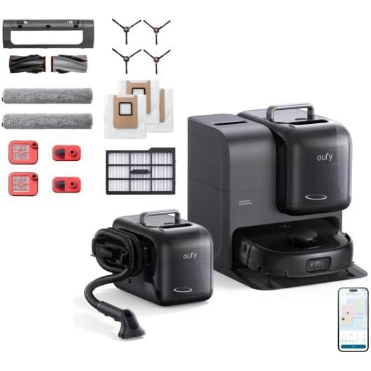 eufy Robot Vacuum Omni E28, HydroJet System, Portable Deep Cleaner, Turbo Suction, DuoSpiral Detangle Brushes, CornerRover Arm + Official Replacement Parts Kit for E28