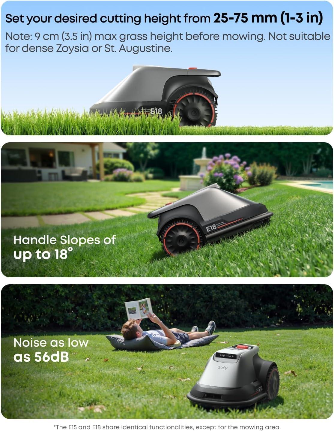 eufy E18 Robot Lawn Mower,Max 0.3 Acres,Wireless Robot Mower with Auto Mapping,Vision Navigation,Multi-Zone Management + Official Accessories, Blade Disc *1