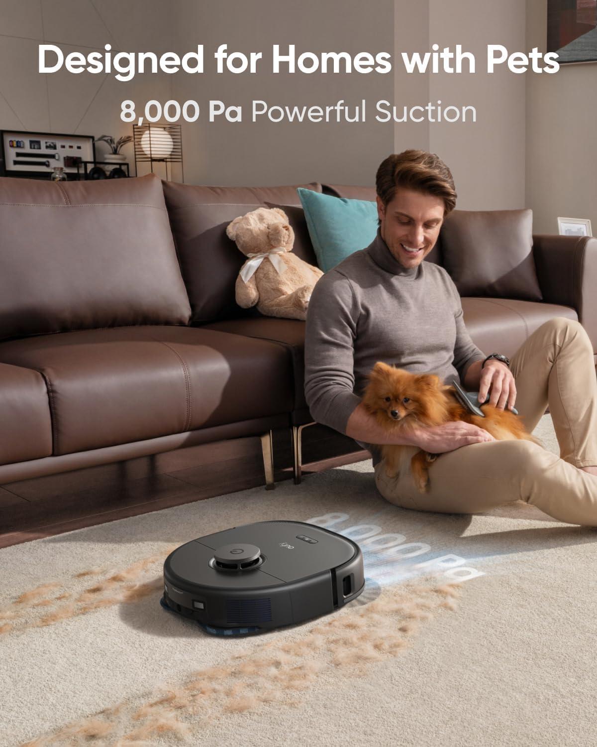 eufy X10 Pro Omni Robot Vacuum and Mop Combo, 8,000 Pa Suction, Dual Mops with 12 mm Auto-Lift and Carpet Detection + Official Floor Cleaning Solutions (2 Bottles)(X10 and Dust Bags*6)
