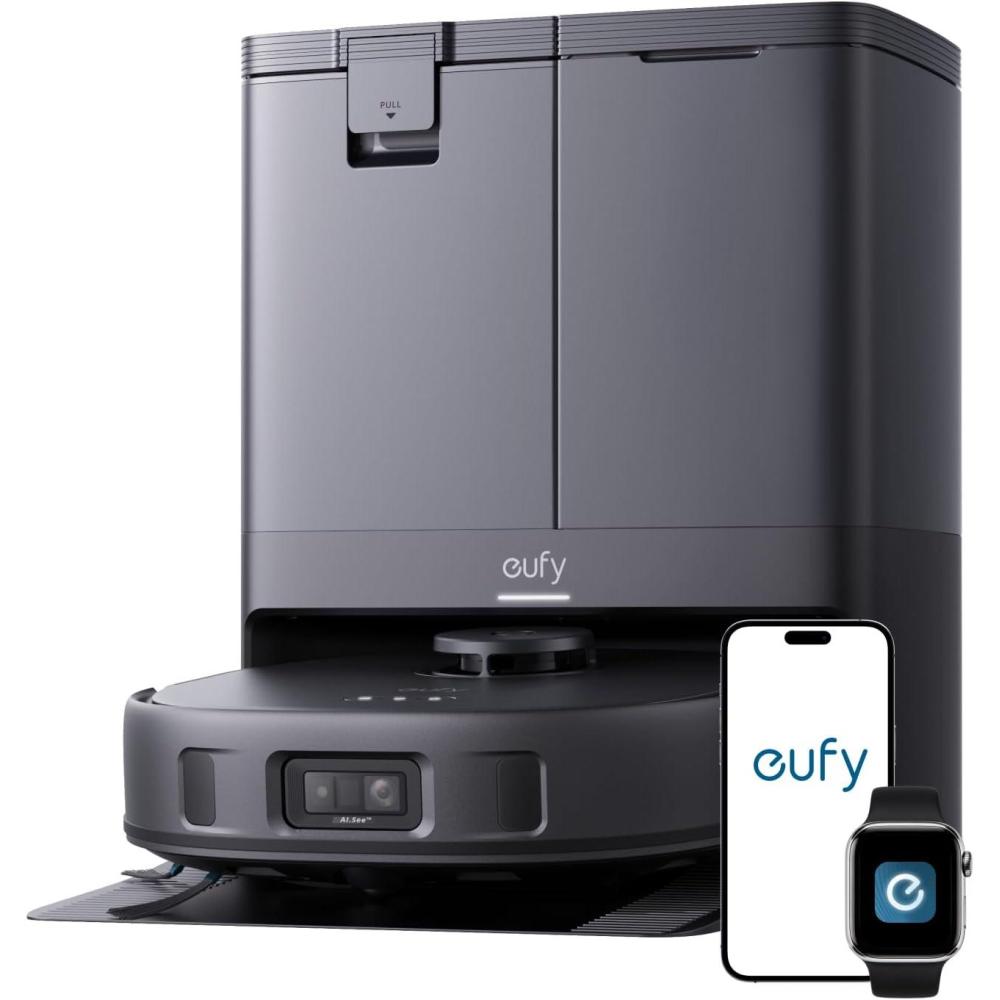 eufy X10 Pro Omni Robot Vacuum and Mop Combo, 8,000 Pa, Dual Mops with 12 mm Auto-Lift and Carpet Detection, AI Obstacle Avoidance, Auto Mop Washing&Drying, Self-Emptying, White(01-X10 Pro Omni Black)
