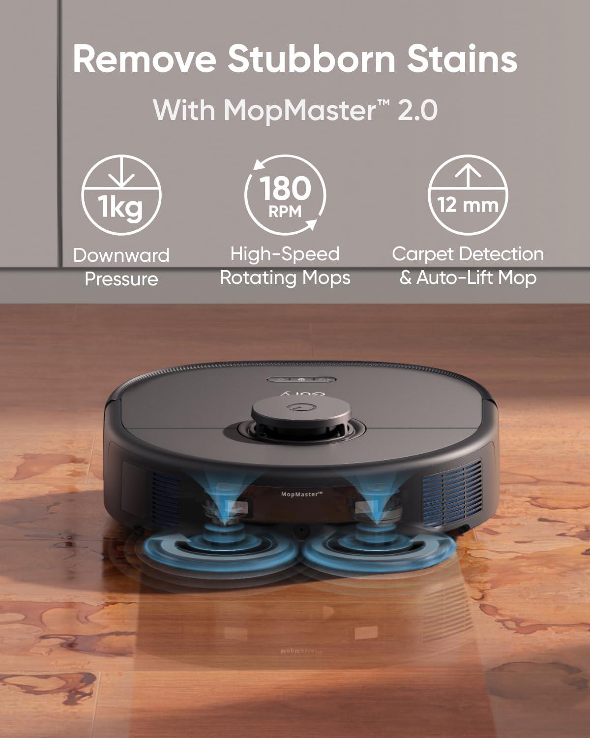 eufy X10 Pro Omni Robot Vacuum and Mop Combo, 8,000 Pa, Dual Mops with 12 mm Auto-Lift and Carpet Detection, AI Obstacle Avoidance, Auto Mop Washing&Drying, Self-Emptying, White(01-X10 Pro Omni Black)