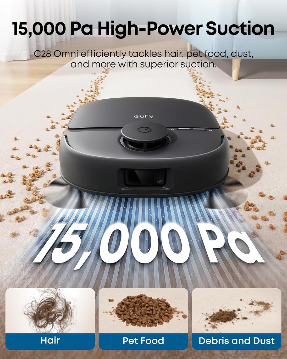 eufy X10 Pro Omni Robot Vacuum and Mop Combo, 8,000 Pa, Dual Mops with 12 mm Auto-Lift and Carpet Detection, AI Obstacle Avoidance, Auto Mop Washing&Drying, Self-Emptying, White(eufy C28)