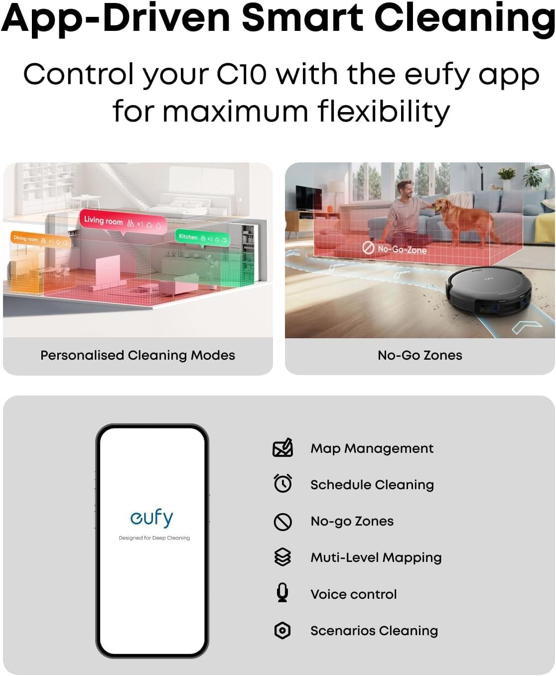 eufy C10 Robot Vacuum Self Emptying, 8 Weeks Hands Free, Advanced Smart Mapping with LiDAR Navigation, 2.85-Inch Slim Design, Powerful Suction, Edge Expansion Brush for Pet Hair, Carpet Detection(02-C10)