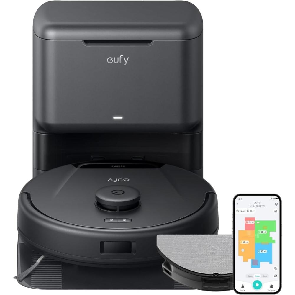 eufy L60 Hybrid Robot Vacuum with Self Empty Station, Hair Detangling Technology, Up to 60 Days of Hands Free Cleaning, Ultra Strong 5,000 Pa Suction to Remove Hair, Dust, Mop Pad
