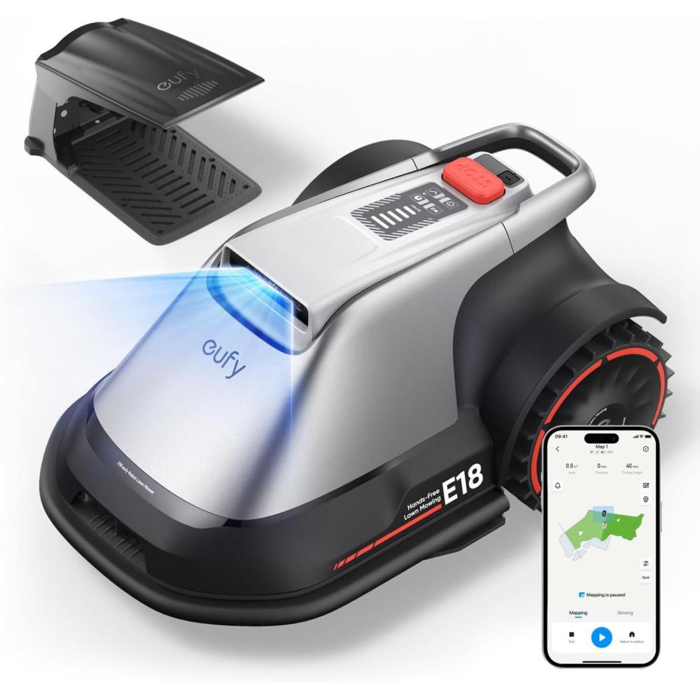 eufy E18 Robot Lawn Mower, Max 0.3 Acres, Vision Navigation, Hands-Free Auto Mapping, Wire Free RTK Free, Multi-Zone Management, AI Obstacle Avoidance, APP Control, 18° Slope, Cut Height 1″-3″(eufy E18 to 0.3 Acre)