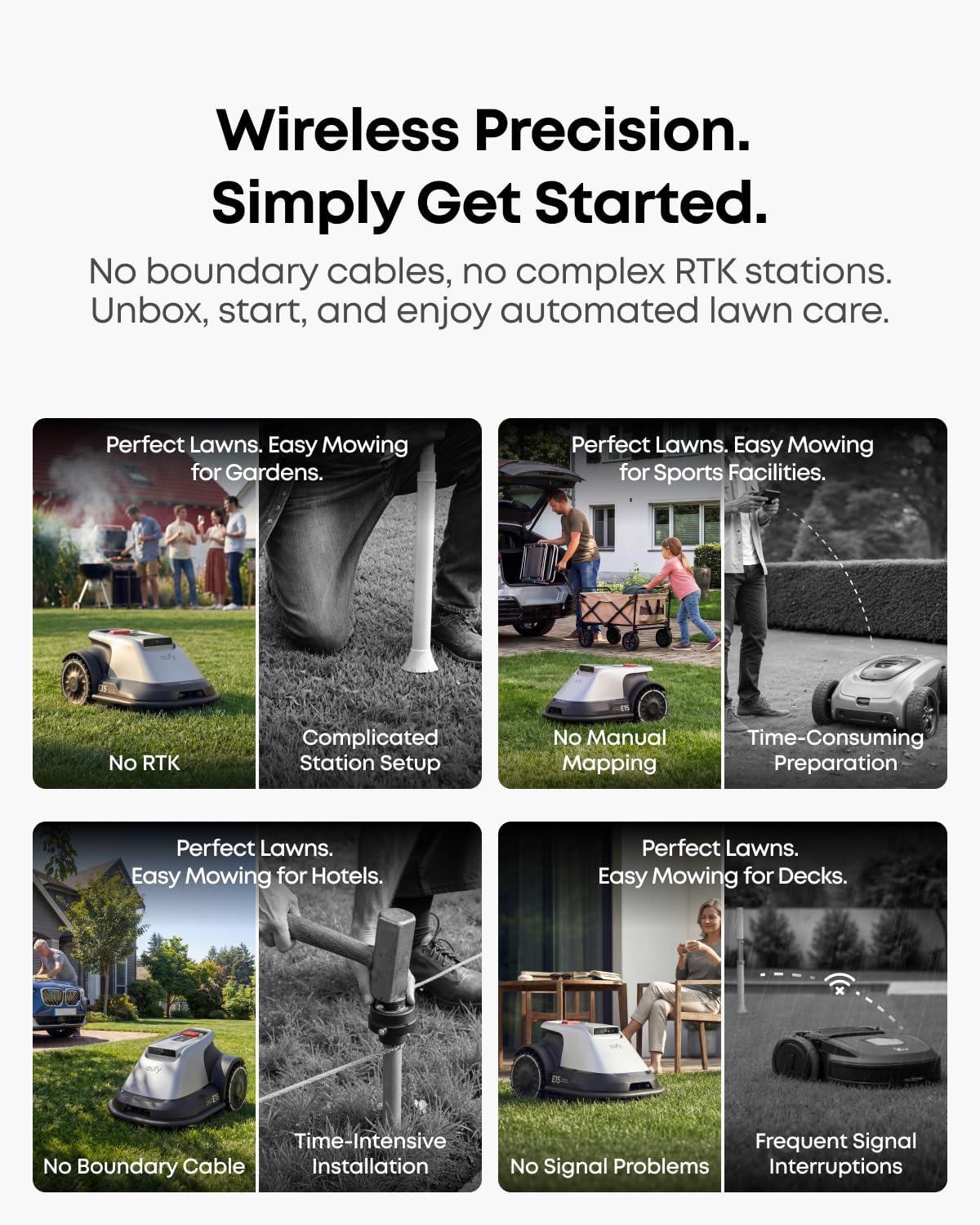 eufy E18 Robot Lawn Mower, Max 0.3 Acres, Vision Navigation, Hands-Free Auto Mapping, Wire Free RTK Free, Multi-Zone Management, AI Obstacle Avoidance, APP Control, 18° Slope, Cut Height 1″-3″(eufy E18 to 0.3 Acre)