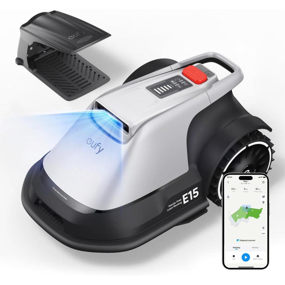 eufy Robot Lawn Mower E15, Auto Mapping,Pure Vision Navigation, Wire Free RTK Free, Multi-Zone Management, AI 3D Obstacle Avoidance, GPS Anti-Theft, 0.2 Acres, 18° Slope, App Control