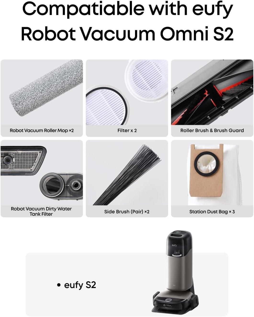 eufy Official Replacement Accessory Kit for Omni S2, 2 Pairs of Side Brushes, 2 Filter Sets, 1 Roller Brush, 1 Brush Guard, 1 Dust Bag, 1 Roller Mop, 1 Water Tank Filter