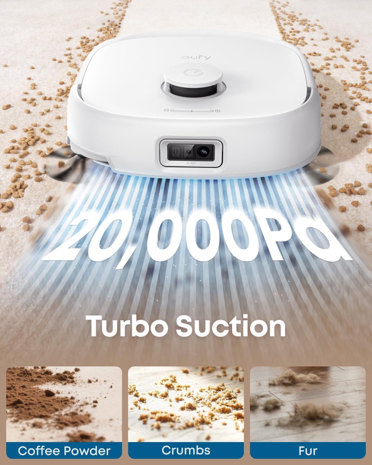 eufy Robot Vacuum E25, 20,000 Pa Suction,HydroJet Always-Clean Roller Mop, All-in-One Robot Vacuum and Mop Combo, Edge-to-Corner Cleaning, Zero-Tangle Design, AI Obstacle Avoidance (Upgraded)(E25 White)
