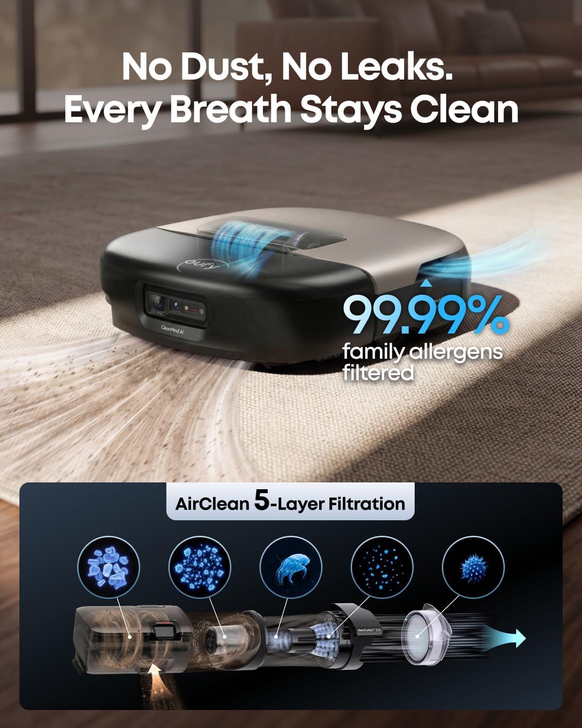 eufy Robot Vacuum Omni S2 and Mop Combo, 99.99% Germ Removal, HydroJet™ 2.0 Always Self-Cleaning Roller Mop, 30,000 Pa Fade-Free Suction, 5-Layer Filtration, 68-Days Self Emptying, Fragrance Diffuser