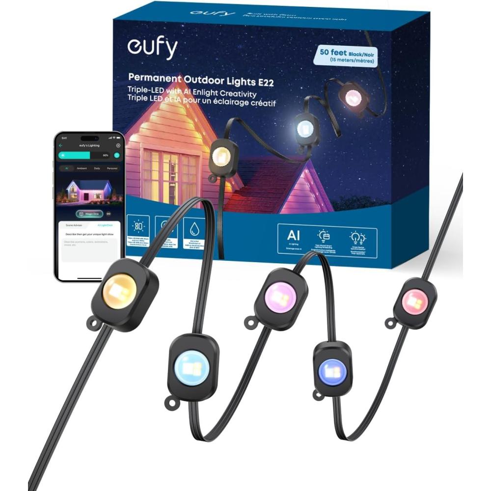 eufy Permanent Outdoor Lights E22, 100ft with 60 Triple-LED Lights, Smart RGBWW for Christmas, Daily and Holiday, Up to IP67 Waterproof, AI Light Themes for Christmas Decorations, Works with eufy Cams(Black)