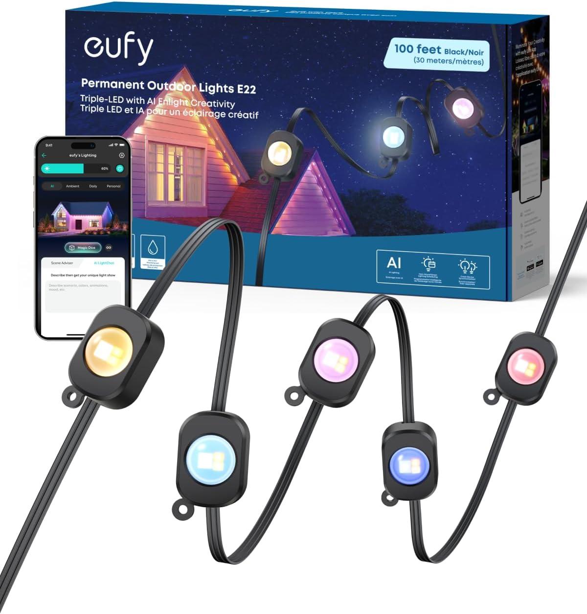 eufy Permanent Outdoor Lights E22, 100ft with 60 Triple-LED Lights, Smart RGBWW for Christmas, Daily and Holiday, Up to IP67 Waterproof, AI Light Themes for Christmas Decorations, Works with eufy Cams(Black)