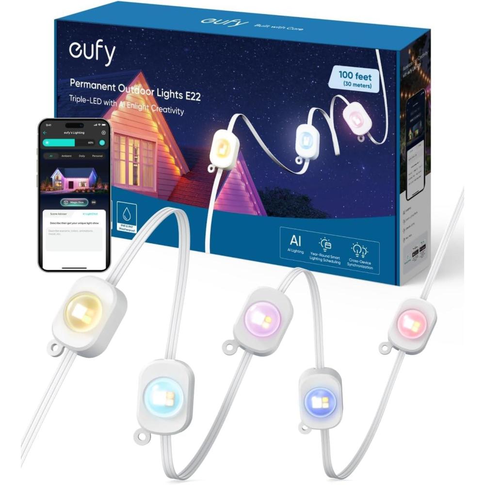 eufy Permanent Outdoor Lights E22, 100ft with 60 Triple-LED Lights, Smart RGBWW for Christmas, Daily and Holiday, Up to IP67 Waterproof, AI Light Themes for Christmas Decorations, Works with eufy Cams(White)