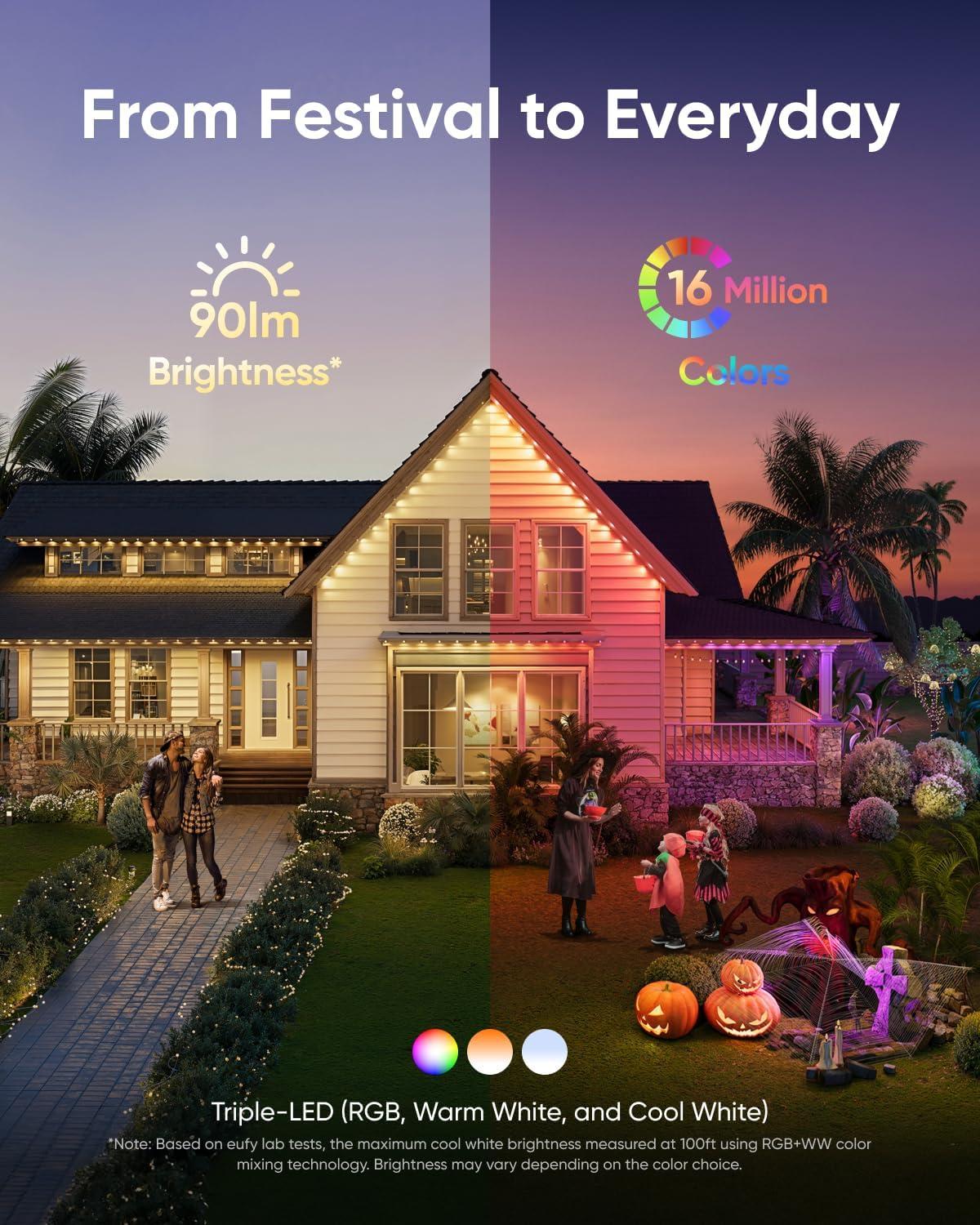 eufy Permanent Outdoor Lights E22, 100ft with 60 Triple-LED Lights, Smart RGBWW for Christmas, Daily and Holiday, Up to IP67 Waterproof, AI Light Themes for Christmas Decorations, Works with eufy Cams(White)