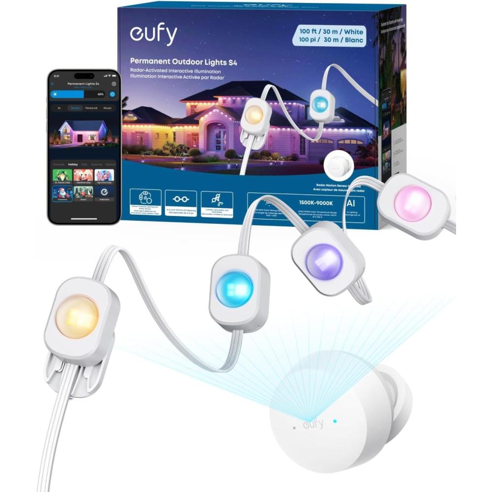 eufy Permanent Outdoor Lights S4, Radar-Activated, 150ft with 108 RGBWW LED String Lights for Daily, Accent and Christmas Decorations, AI Themes, Work Cams, Matter Support, IP67 Waterproof(White)