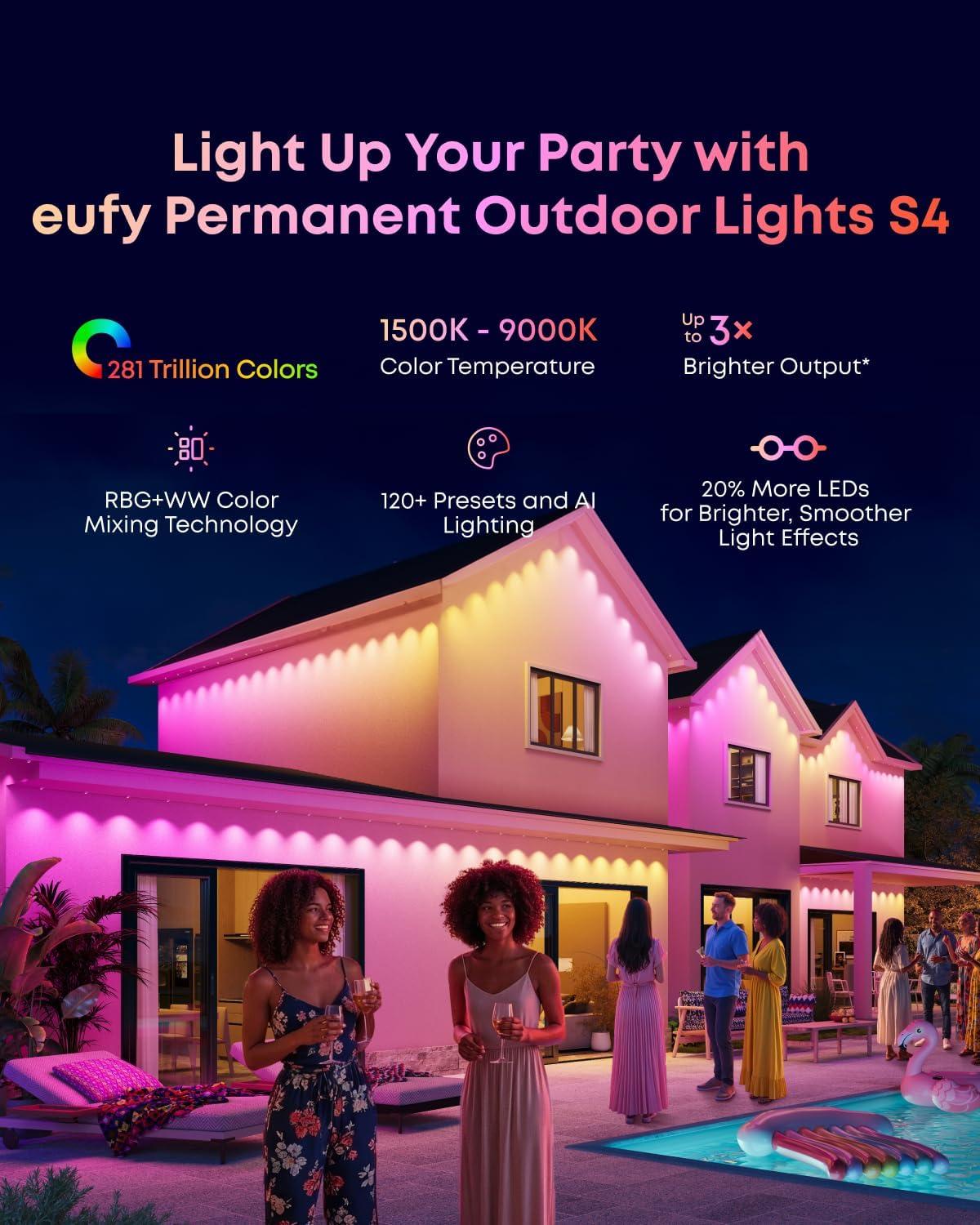 eufy Permanent Outdoor Lights S4, Radar-Activated, 150ft with 108 RGBWW LED String Lights for Daily, Accent and Christmas Decorations, AI Themes, Work Cams, Matter Support, IP67 Waterproof(White)