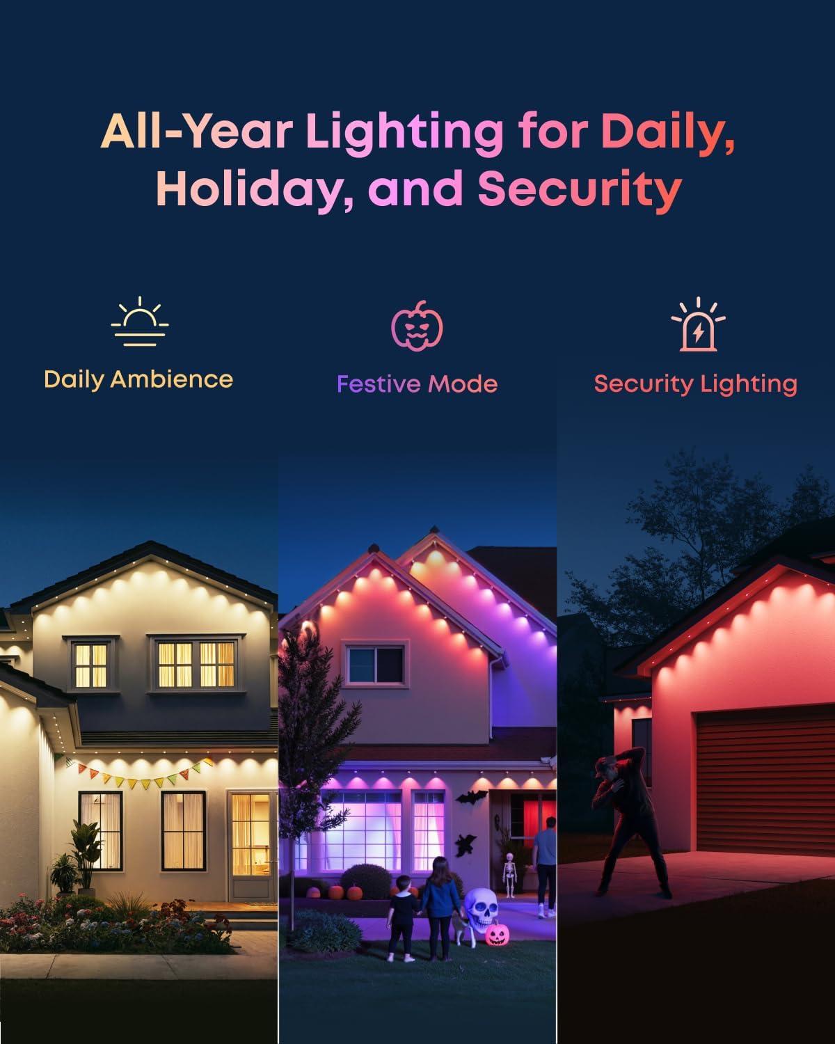 eufy Permanent Outdoor Lights S4, Radar-Activated, 150ft with 108 RGBWW LED String Lights for Daily, Accent and Christmas Decorations, AI Themes, Work Cams, Matter Support, IP67 Waterproof(White)