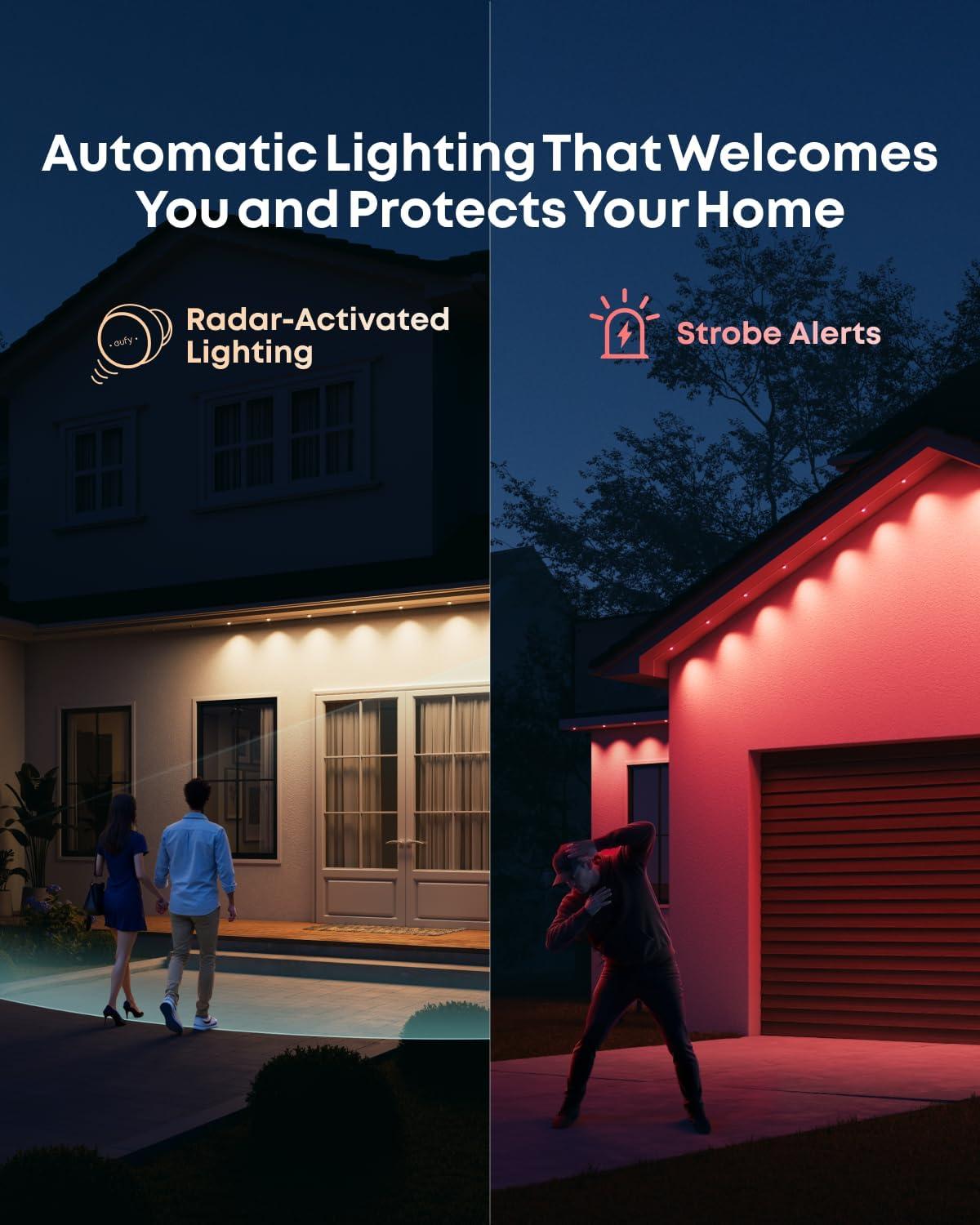 eufy Permanent Outdoor Lights S4, Radar-Activated, 150ft with 108 RGBWW LED String Lights for Daily, Accent and Christmas Decorations, AI Themes, Work Cams, Matter Support, IP67 Waterproof(White)