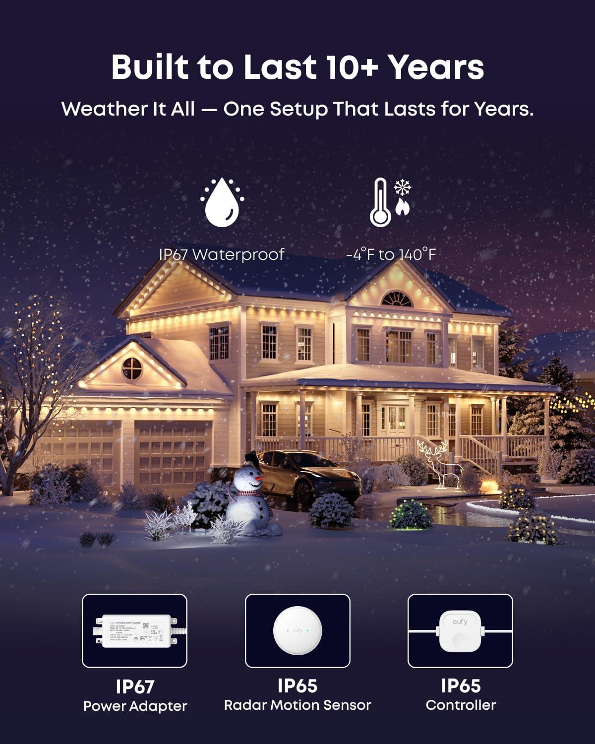 eufy Permanent Outdoor Lights S4, Radar-Activated, 150ft with 108 RGBWW LED String Lights for Daily, Accent and Christmas Decorations, AI Themes, Work Cams, Matter Support, IP67 Waterproof(White)