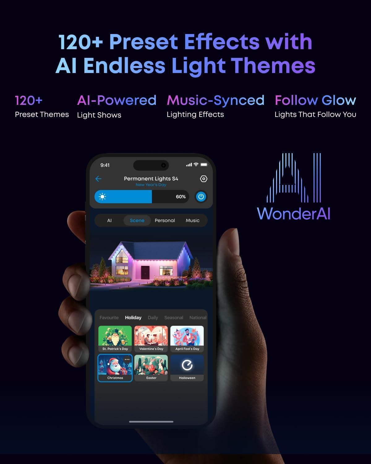 eufy Permanent Outdoor Lights S4, Radar-Activated, 150ft with 108 RGBWW LED String Lights for Daily, Accent and Christmas Decorations, AI Themes, Work Cams, Matter Support, IP67 Waterproof(White)